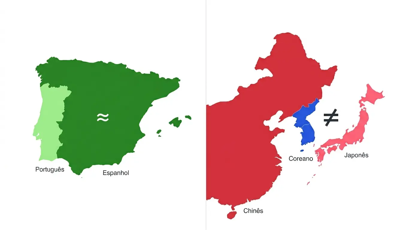 Comparação: Espanhol-Português vs Coreano-Chinês-Japonês