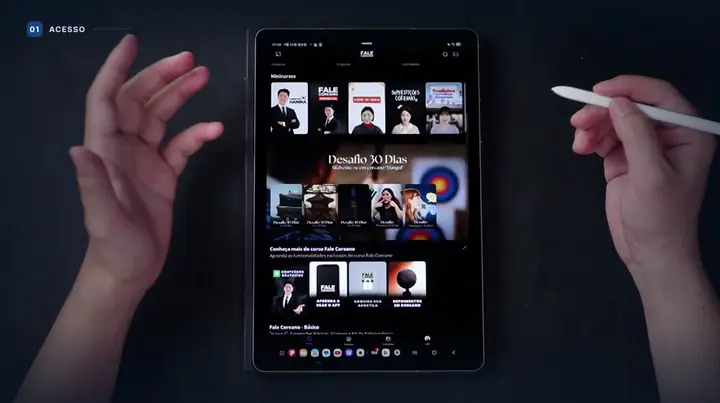 Área de membros do Curso de Hangul aberta num tablet